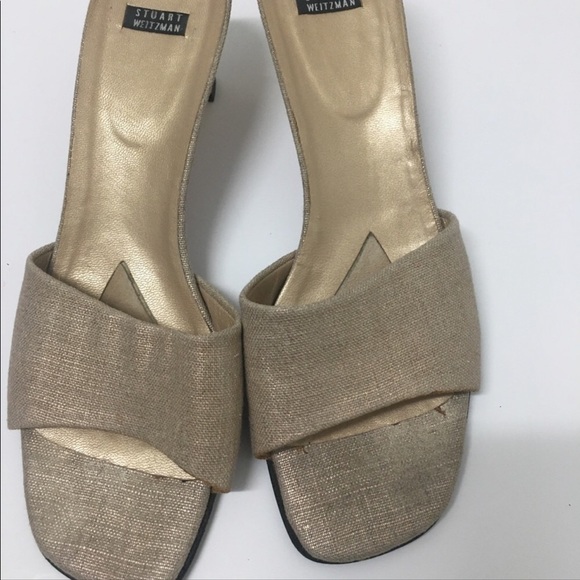 Stuart Weitzman size 10 muted gold /tan metallic gold linen look slides like new - Picture 9 of 14